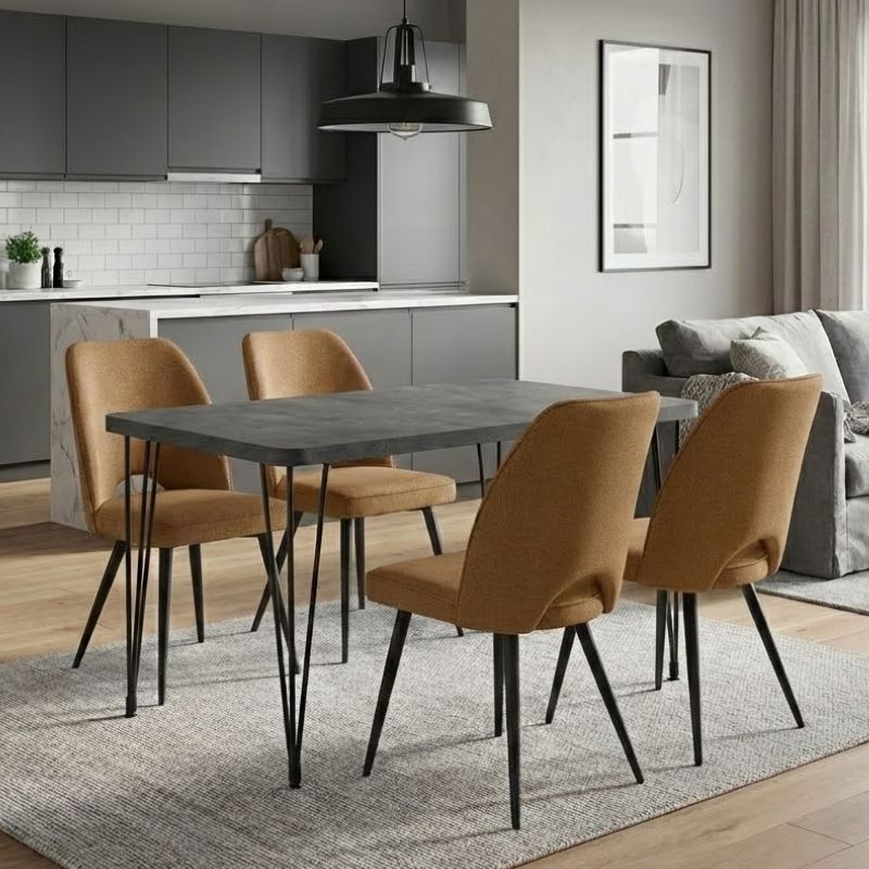 Σετ τραπεζαρία 5τμχ Roger – Christy Megapap Mdf – ύφασμα χρώμα σκούρο γκρι σκυροδέματος – μουσταρδί 120x70x75εκ.