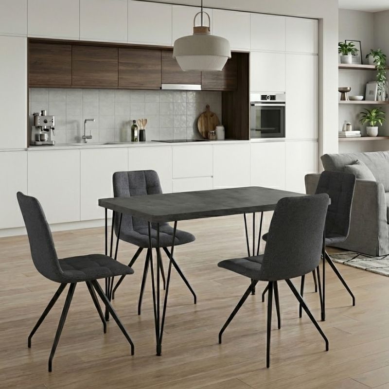 Σετ τραπεζαρία 5τμχ Roger – Bianca Megapap Mdf – ύφασμα χρώμα σκούρο γκρι σκυροδέματος – γκρι 120x70x75εκ.