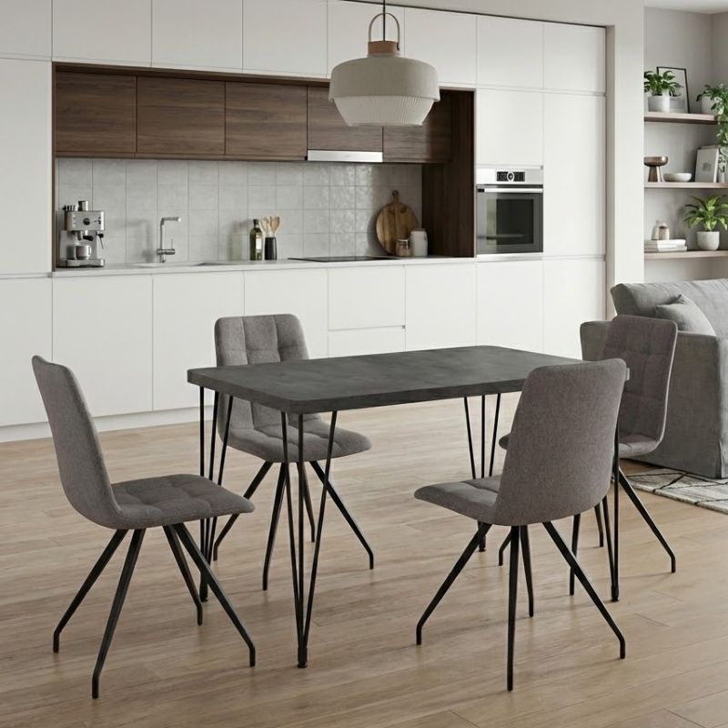 Σετ τραπεζαρία 5τμχ Roger – Bianca Megapap Mdf – ύφασμα χρώμα σκούρο γκρι σκυροδέματος – ανοιχτό μπεζ 120x70x75εκ.