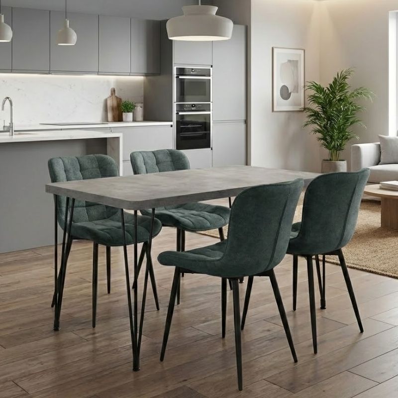 Σετ τραπεζαρία 5τμχ Roger – Chiara Megapap Mdf – ύφασμα χρώμα σκούρο γκρι σκυροδέματος – πράσινο 120x70x75εκ.