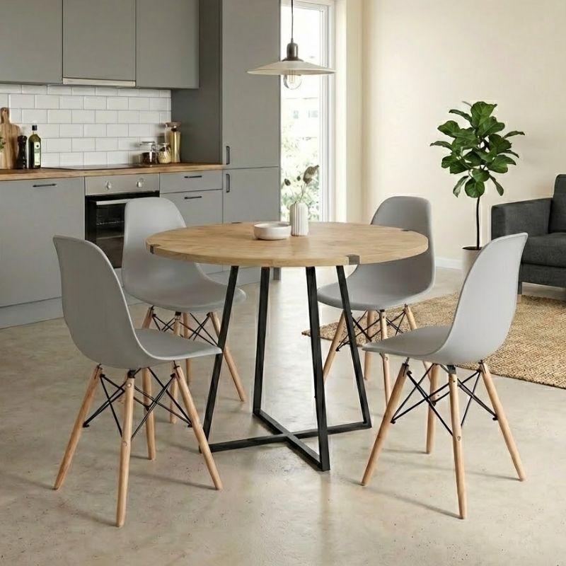 Σετ τραπεζαρία 5τμχ Rubes – Nova Megapap χρώμα φυσικό οξιάς – γκρι Ø100×78εκ.