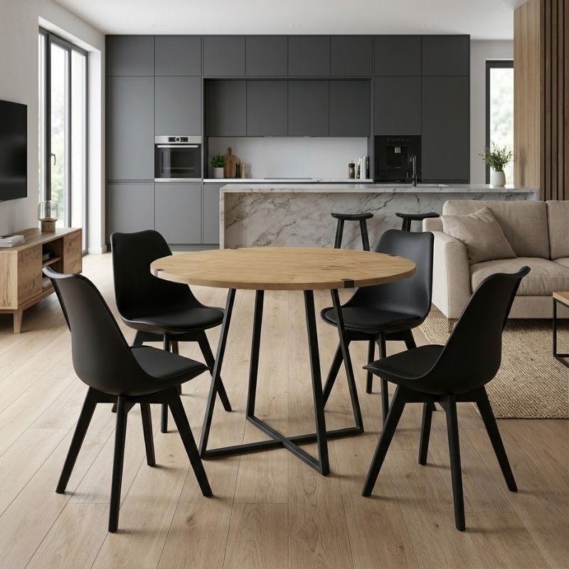 Σετ τραπεζαρία 5τμχ Rubes – Viva Megapap χρώμα φυσικό οξιάς – μαύρο Ø100×78εκ.