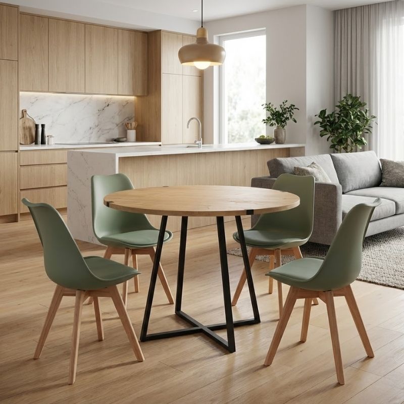 Σετ τραπεζαρία 5τμχ Rubes – Viva Megapap χρώμα φυσικό οξιάς – φυστικί Ø100×78εκ.