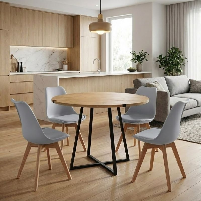 Σετ τραπεζαρία 5τμχ Rubes – Viva Megapap χρώμα φυσικό οξιάς – γκρι Ø100×78εκ.