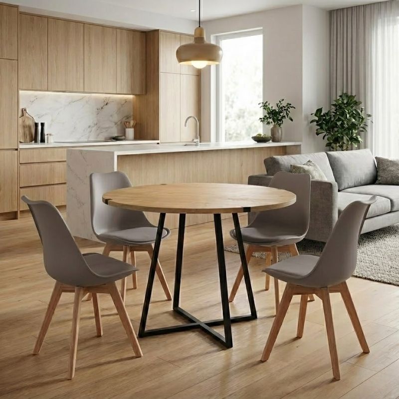 Σετ τραπεζαρία 5τμχ Rubes – Viva Megapap χρώμα φυσικό οξιάς – cappuccino Ø100×78εκ.