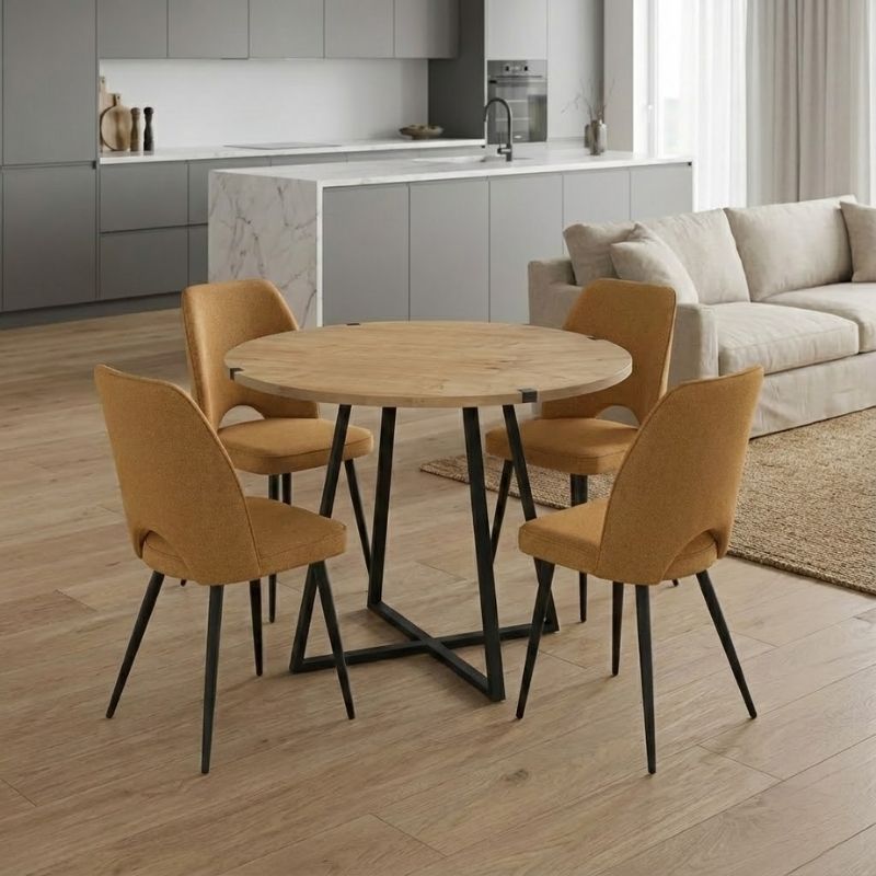 Σετ τραπεζαρία 5τμχ Rubes – Christy Megapap χρώμα φυσικό οξιάς – μουσταρδί Ø100×78εκ.