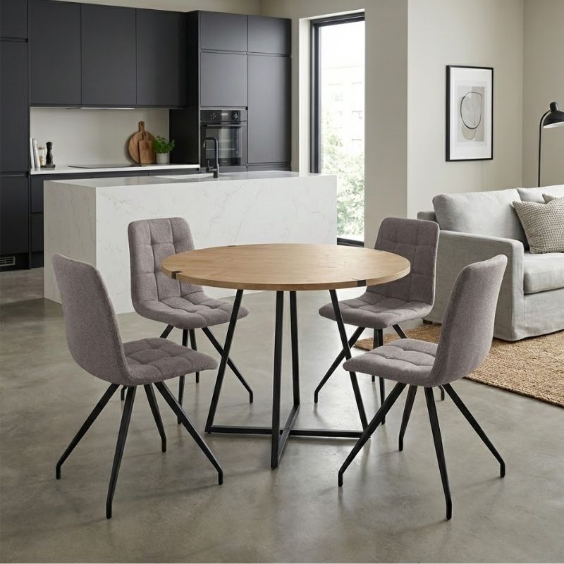 Σετ τραπεζαρία 5τμχ Rubes – Bianca Megapap χρώμα φυσικό οξιάς – ανοιχτό μπεζ Ø100×78εκ.