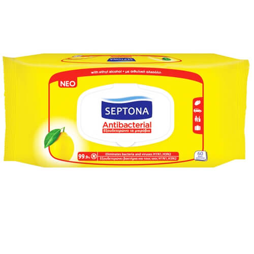 SEPTONA ΥΓΡΑ ΜΑΝΤΗΛΑΚΙΑ ΑΝΤΙΒΑΚΤΗΡΙΔΙΑΚΑ ΛΕΜΟΝΙ 60τμχ