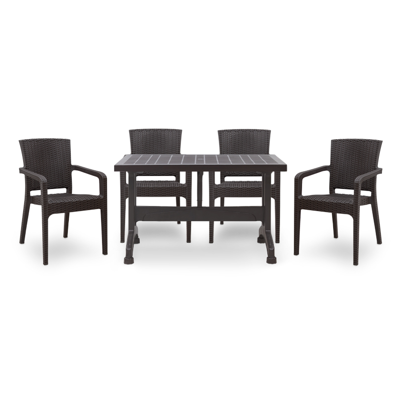 Σετ τραπεζαρία κήπου Callan Megapap 5τμχ πολυπροπυλενίου τραπέζι 120×70 – πολυθρόνα recycled χρώμα καφέ S_GP046-0002,1+GP046-0001,2×4