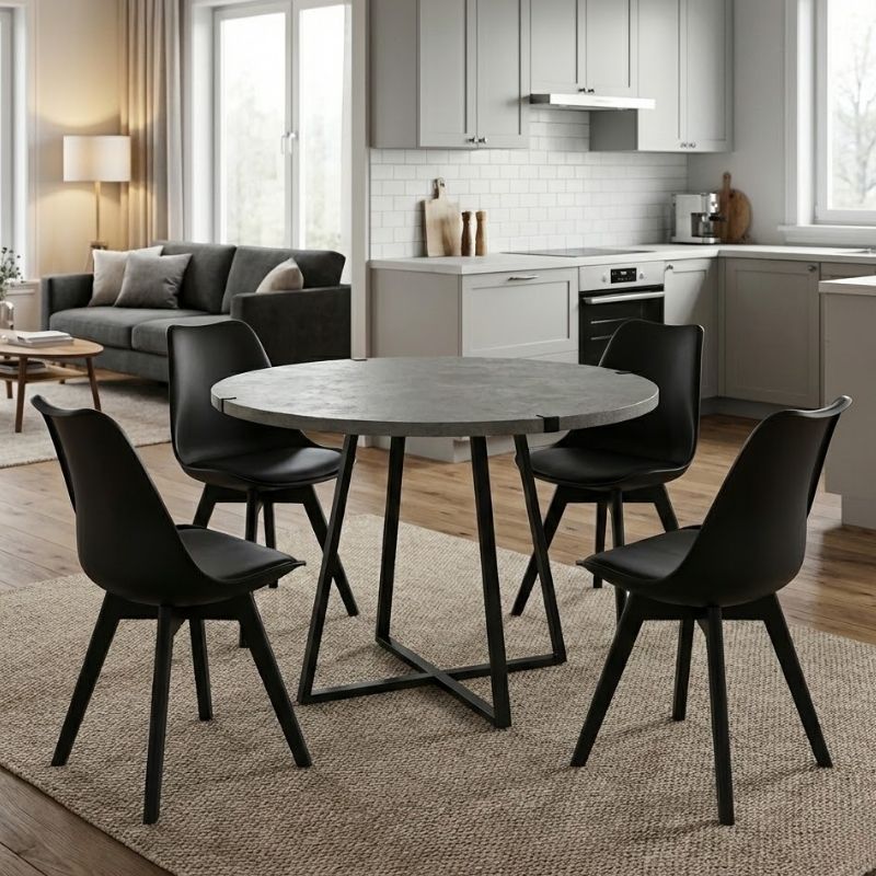 Σετ τραπεζαρία 5τμχ Rubes – Viva Megapap χρώμα γκρι σκυροδέματος – μαύρο Ø100×78εκ.