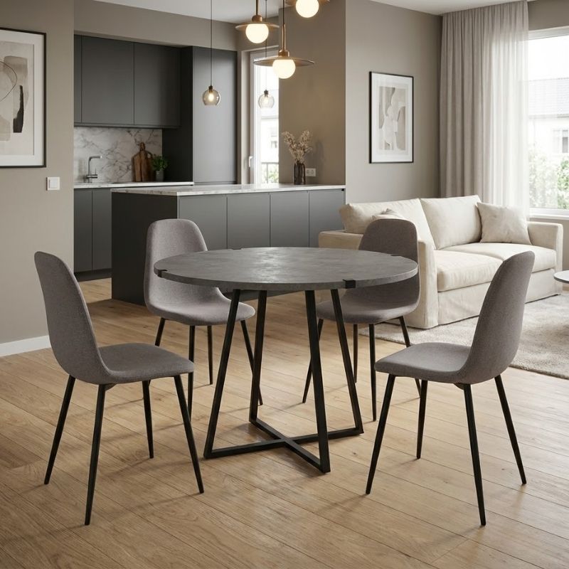 Σετ τραπεζαρία 5τμχ Rubes – Iris Megapap χρώμα γκρι σκυροδέματος – ανοιχτό μπεζ Ø100×78εκ.