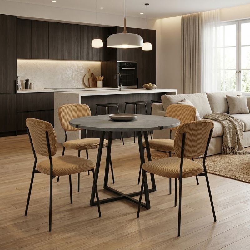 Σετ τραπεζαρία 5τμχ Rubes – Kevin Megapap χρώμα γκρι σκυροδέματος – μουσταρδί Ø100×78εκ.