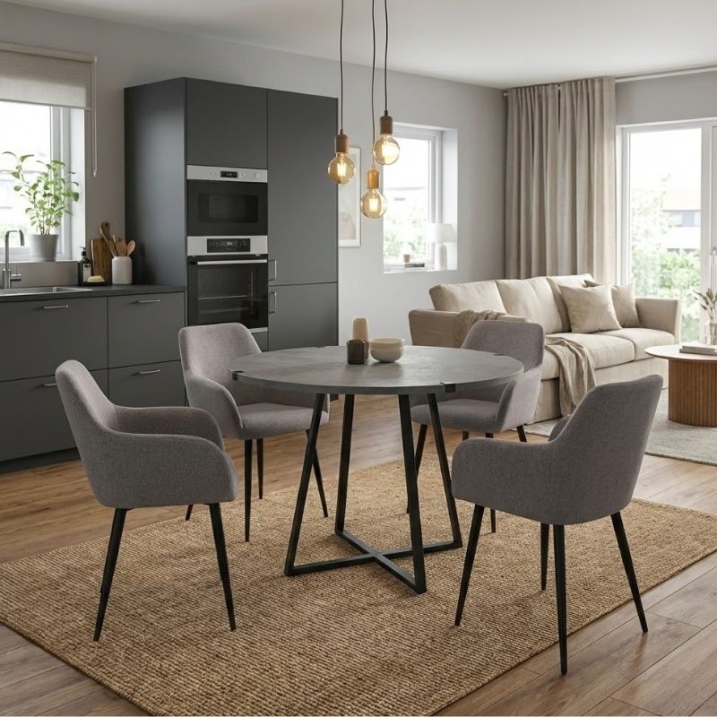 Σετ τραπεζαρία 5τμχ Rubes – Monica Megapap χρώμα γκρι σκυροδέματος – ανοιχτό μπεζ Ø100×78εκ.