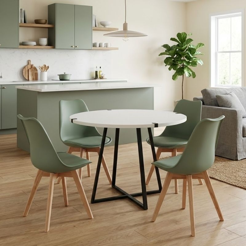 Σετ τραπεζαρία 5τμχ Rubes – Viva Megapap χρώμα λευκό – φυστικί Ø100×78εκ.