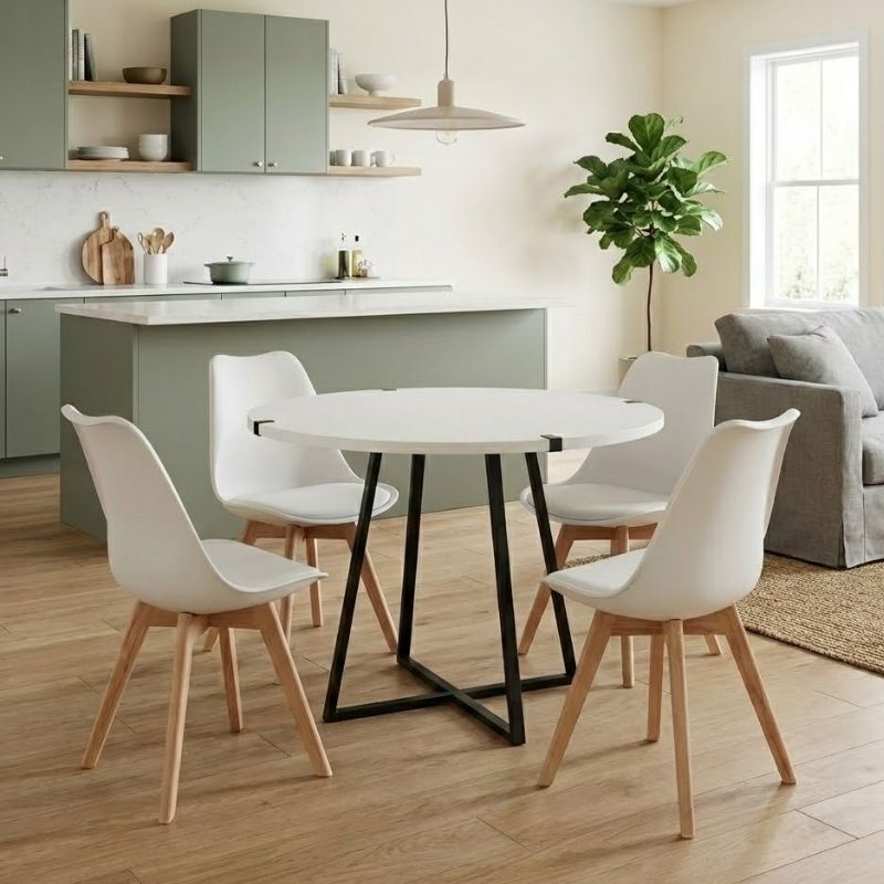 Σετ τραπεζαρία 5τμχ Rubes – Viva Megapap χρώμα λευκό – λευκό/φυσικό πόδι Ø100×78εκ.