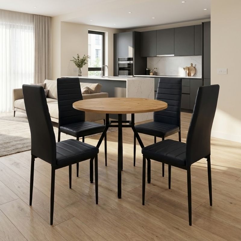 Σετ τραπεζαρία 5τμχ Roma – Rosa Megapap χρώμα pine oak – μαύρο Ø80×75εκ.