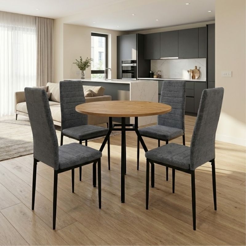 Σετ τραπεζαρία 5τμχ Roma – Rosa Megapap χρώμα pine oak – γκρι Ø80×75εκ.