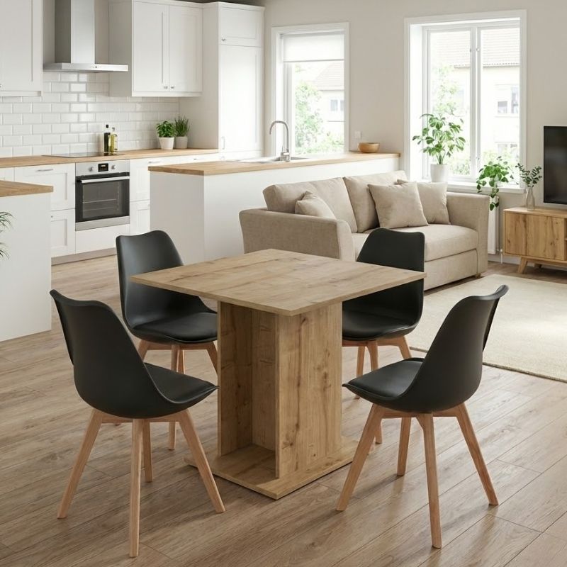 Σετ τραπεζαρία 5τμχ Allos – Viva Megapap χρώμα sapphire oak – μαύρο/φυσικό πόδι 75x75x77εκ.