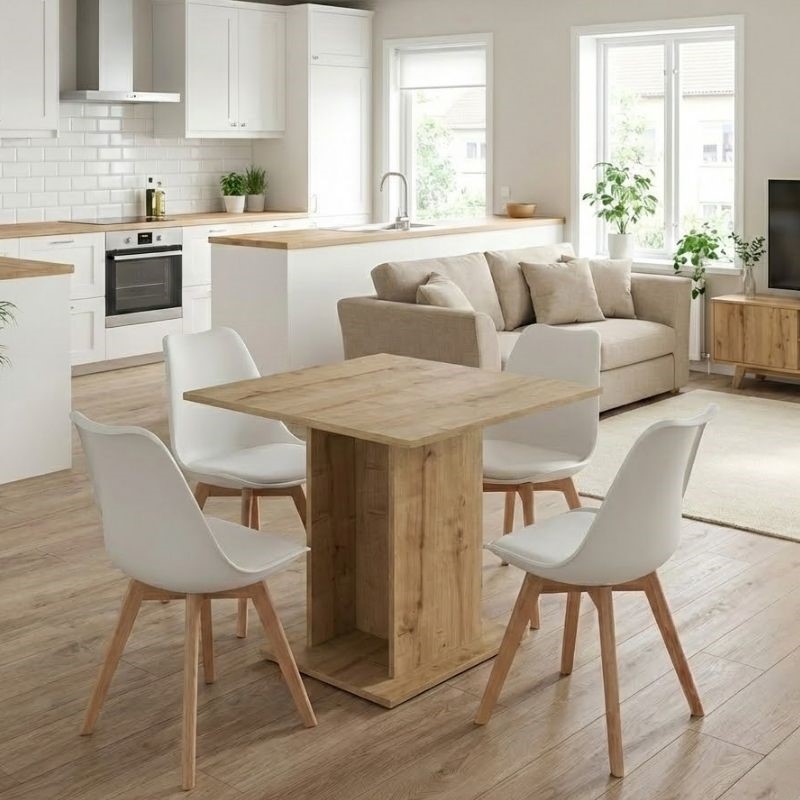 Σετ τραπεζαρία 5τμχ Allos – Viva Megapap χρώμα sapphire oak – λευκό/φυσικό πόδι 75x75x77εκ.