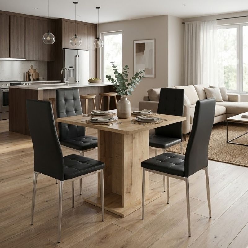 Σετ τραπεζαρία 5τμχ Allos – Rosa Megapap χρώμα sapphire oak – μαύρο/χρωμίου πόδι 75x75x77εκ.