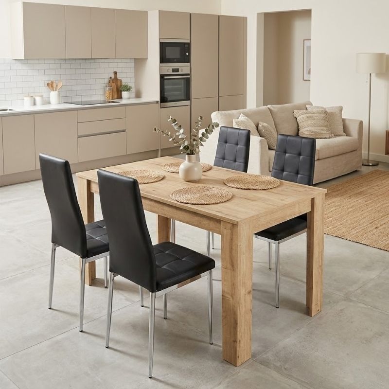 Σετ τραπεζαρία 5τμχ Darlen – Rosa Megapap χρώμα sapphire oak – μαύρο/χρωμίου πόδι 125x72x74εκ.