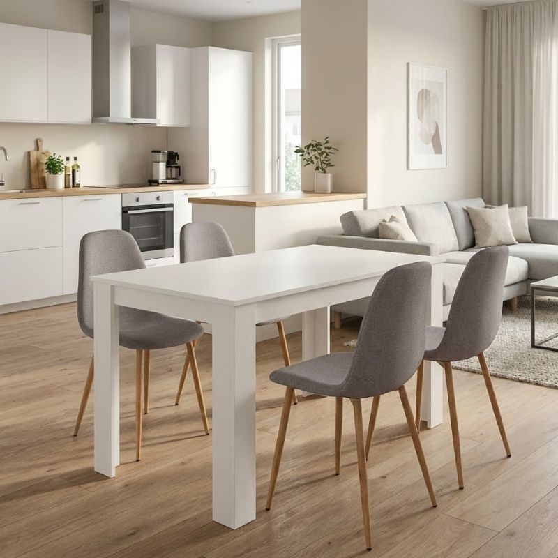 Σετ τραπεζαρία 5τμχ Darlen – Iris Megapap χρώμα λευκό – ανοιχτό μπεζ/φυσικό πόδι 125x72x74εκ.