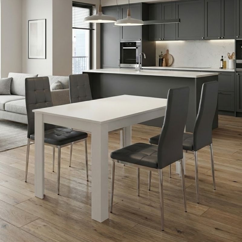 Σετ τραπεζαρία 5τμχ Darlen – Rosa Megapap χρώμα λευκό – γκρι/χρωμίου πόδι 125x72x74εκ.