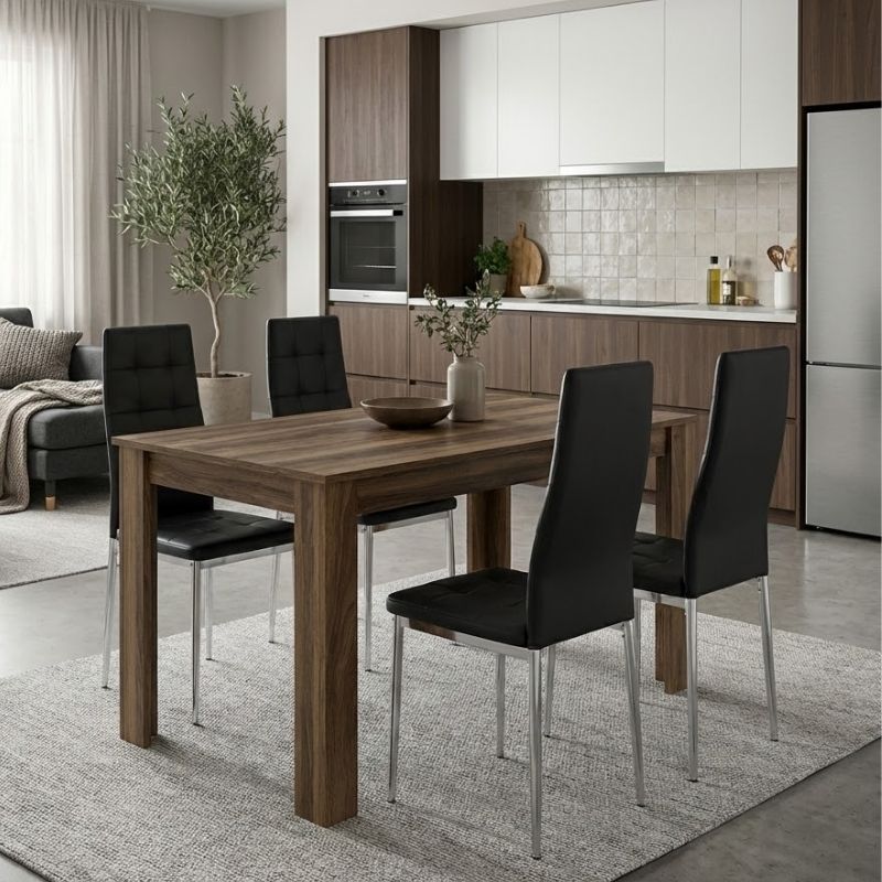 Σετ τραπεζαρία 5τμχ Darlen – Rosa Megapap χρώμα καρυδί – μαύρο/χρωμίου πόδι 125x72x74εκ.