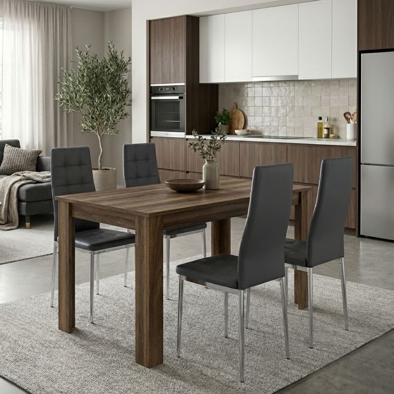 Σετ τραπεζαρία 5τμχ Darlen – Rosa Megapap χρώμα καρυδί – γκρι/χρωμίου πόδι 125x72x74εκ.