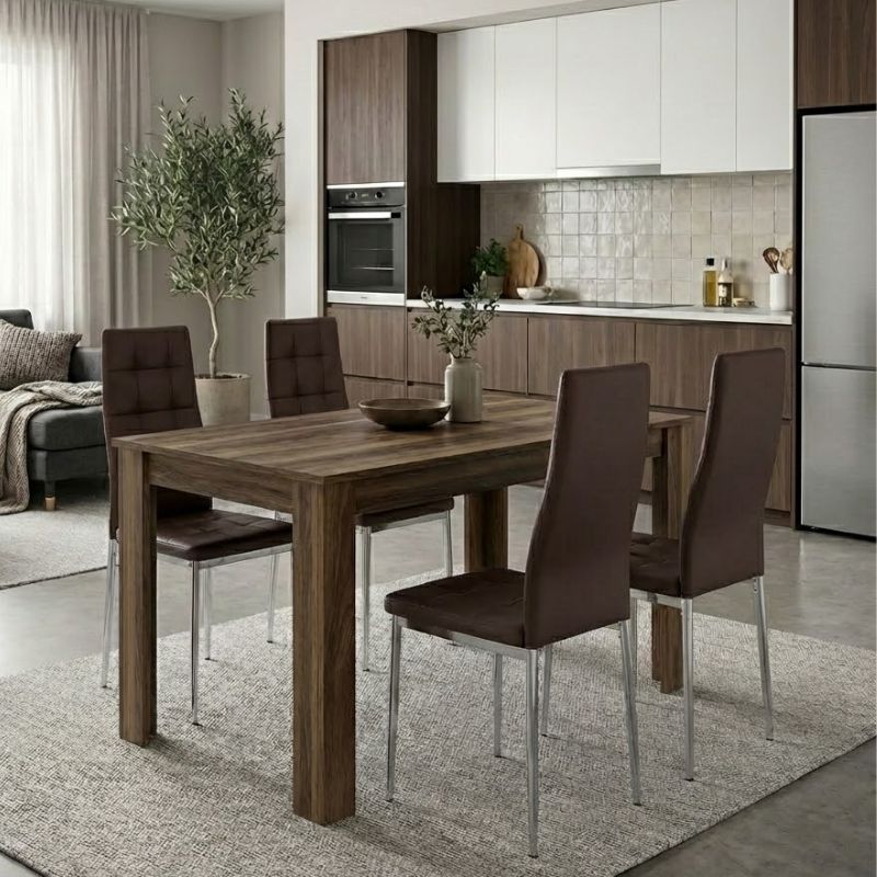 Σετ τραπεζαρία 5τμχ Darlen – Rosa Megapap χρώμα καρυδί – καφέ/χρωμίου πόδι 125x72x74εκ.