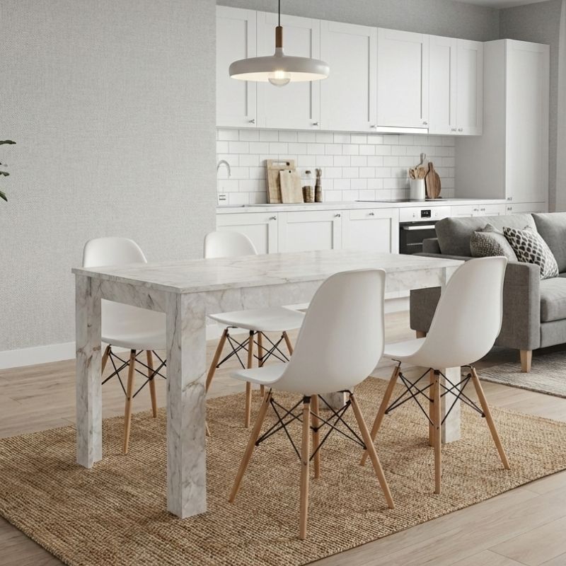 Σετ τραπεζαρία 5τμχ Darlen – Nova Megapap χρώμα λευκό εφέ μαρμάρου – λευκό 125x72x74εκ.