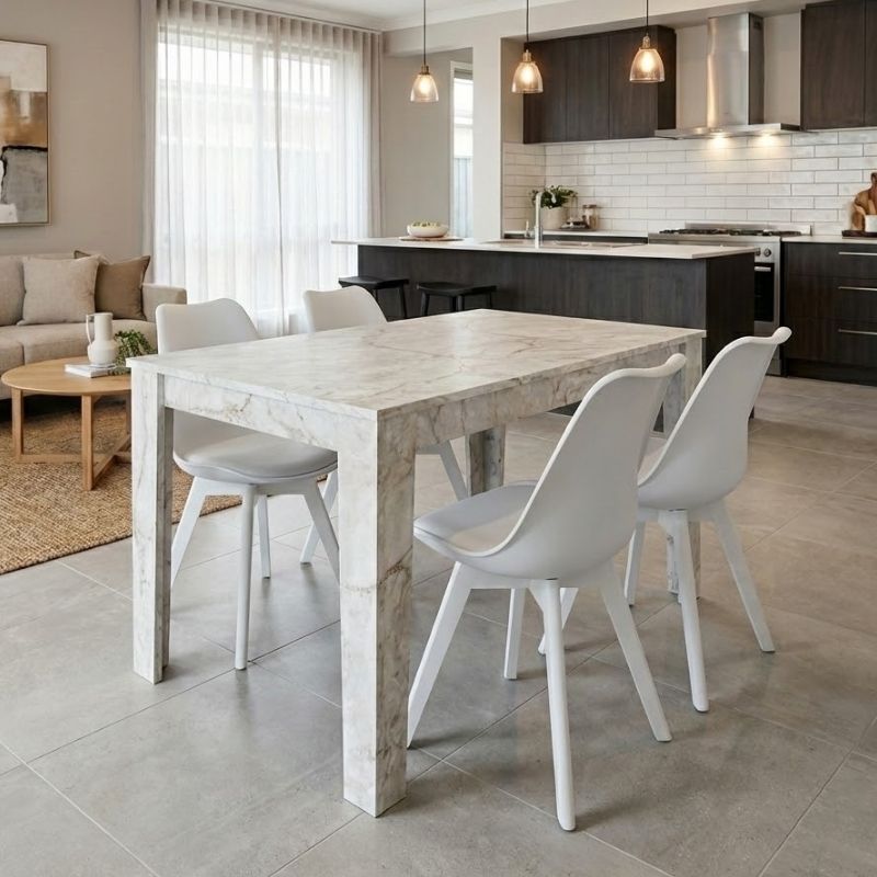 Σετ τραπεζαρία 5τμχ Darlen – Viva Megapap χρώμα λευκό εφέ μαρμάρου – λευκό 125x72x74εκ.