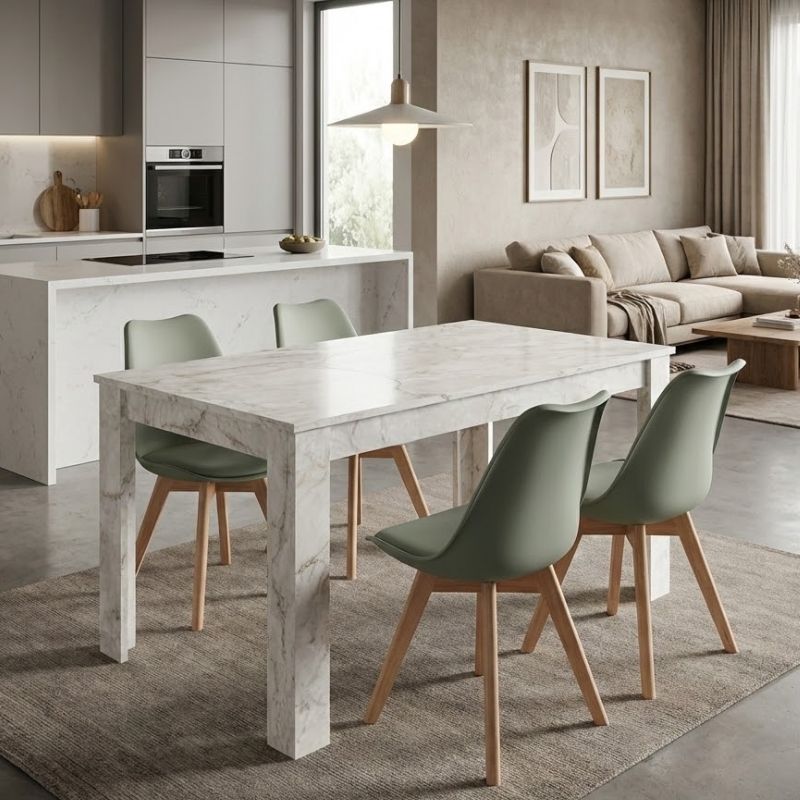 Σετ τραπεζαρία 5τμχ Darlen – Viva Megapap χρώμα λευκό εφέ μαρμάρου – φυστικί 125x72x74εκ.