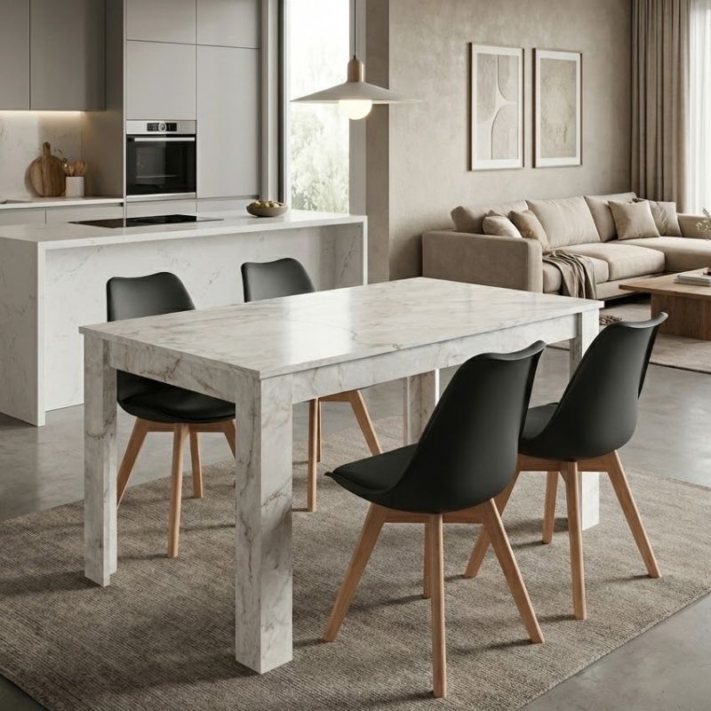 Σετ τραπεζαρία 5τμχ Darlen – Viva Megapap χρώμα λευκό εφέ μαρμάρου – μαύρο/φυσικό πόδι 125x72x74εκ.