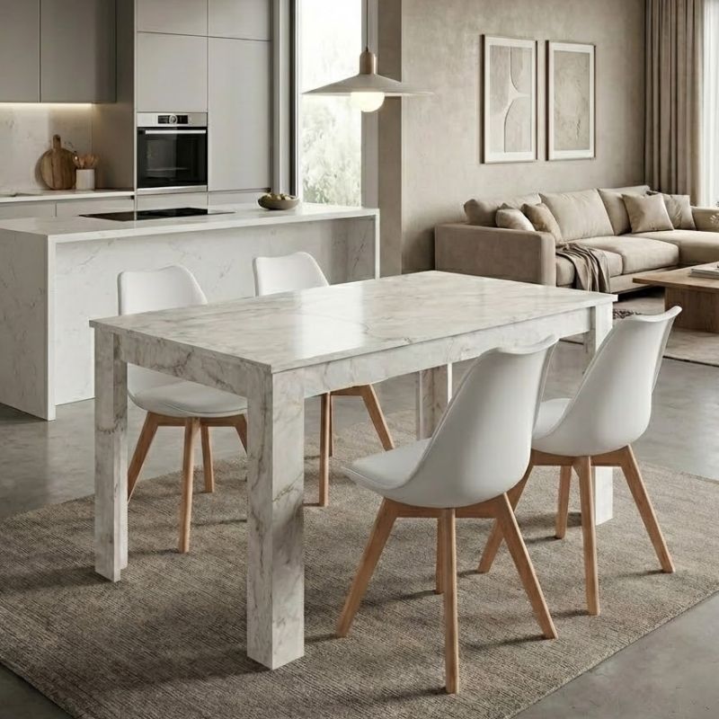 Σετ τραπεζαρία 5τμχ Darlen – Viva Megapap χρώμα λευκό εφέ μαρμάρου – λευκό/φυσικό πόδι 125x72x74εκ.