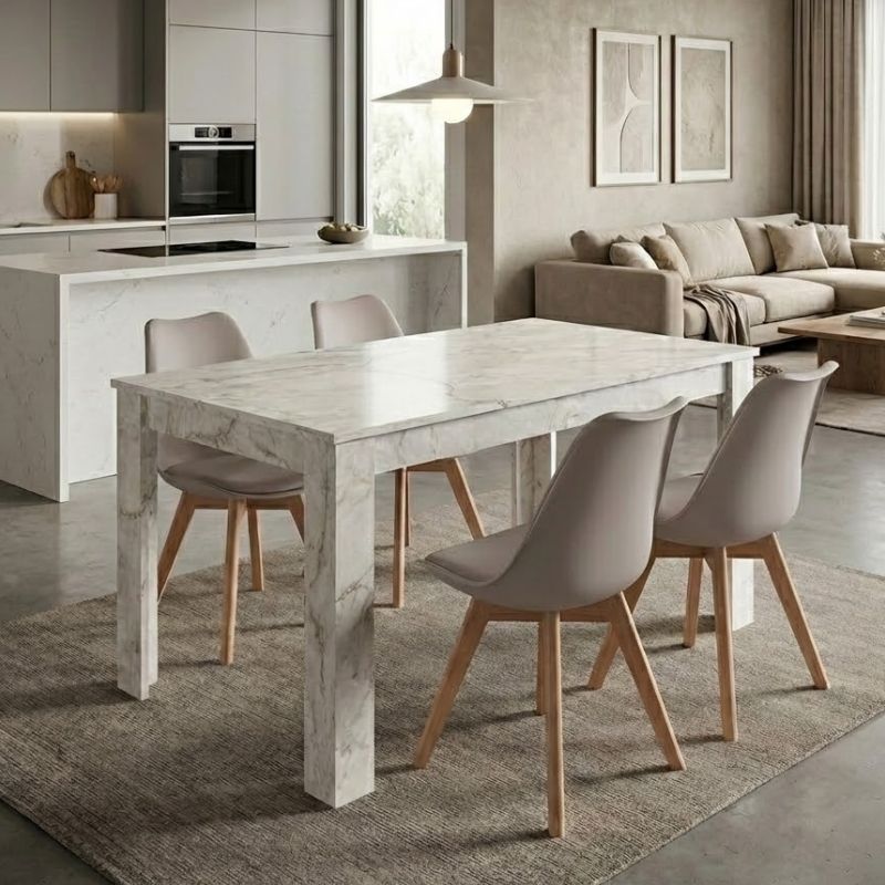 Σετ τραπεζαρία 5τμχ Darlen – Viva Megapap χρώμα λευκό εφέ μαρμάρου – cappuccino 125x72x74εκ.