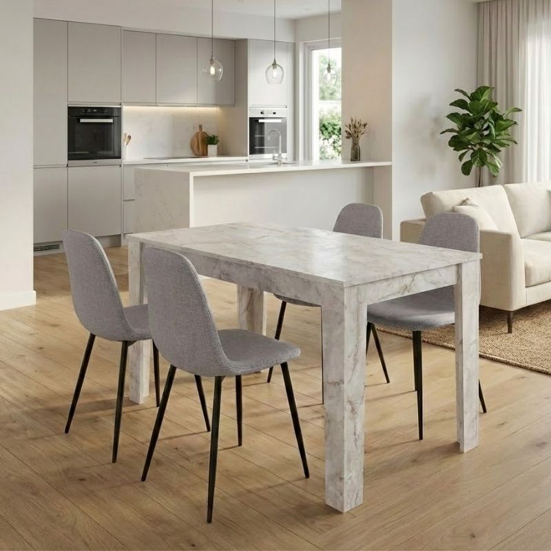 Σετ τραπεζαρία 5τμχ Darlen – Iris Megapap χρώμα λευκό εφέ μαρμάρου – ανοιχτό μπεζ 125x72x74εκ.