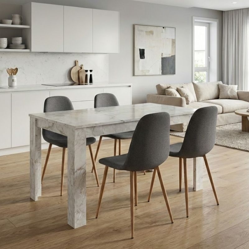 Σετ τραπεζαρία 5τμχ Darlen – Iris Megapap χρώμα λευκό εφέ μαρμάρου – γκρι/φυσικό πόδι 125x72x74εκ.