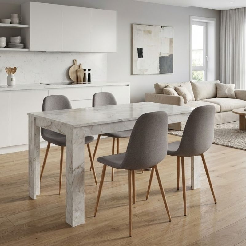 Σετ τραπεζαρία 5τμχ Darlen – Iris Megapap χρώμα λευκό εφέ μαρμάρου – ανοιχτό μπεζ/φυσικό πόδι 125x72x74εκ.