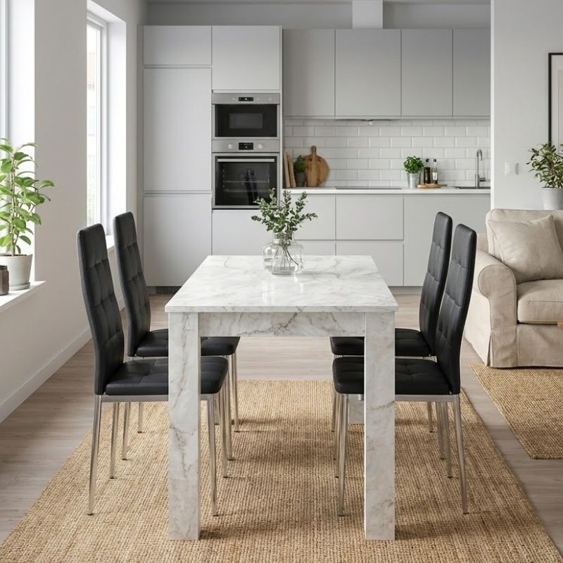 Σετ τραπεζαρία 5τμχ Darlen – Rosa Megapap χρώμα λευκό εφέ μαρμάρου – μαύρο/χρωμίου πόδι 125x72x74εκ.