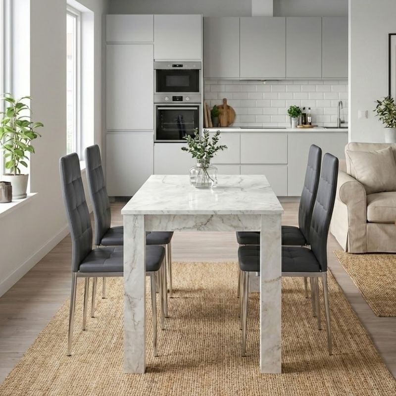 Σετ τραπεζαρία 5τμχ Darlen – Rosa Megapap χρώμα λευκό εφέ μαρμάρου – γκρι/χρωμίου πόδι 125x72x74εκ.