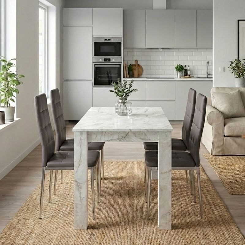 Σετ τραπεζαρία 5τμχ Darlen – Rosa Megapap χρώμα λευκό εφέ μαρμάρου – καφέ/χρωμίου πόδι 125x72x74εκ.