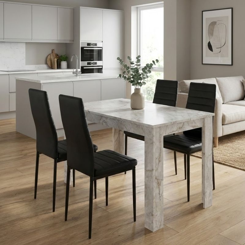 Σετ τραπεζαρία 5τμχ Darlen – Rosa Megapap χρώμα λευκό εφέ μαρμάρου – μαύρο 125x72x74εκ.