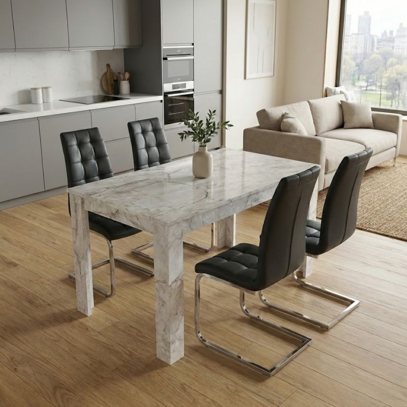 Σετ τραπεζαρία 5τμχ Darlen – Vela Megapap χρώμα λευκό εφέ μαρμάρου – μαύρο 125x72x74εκ.