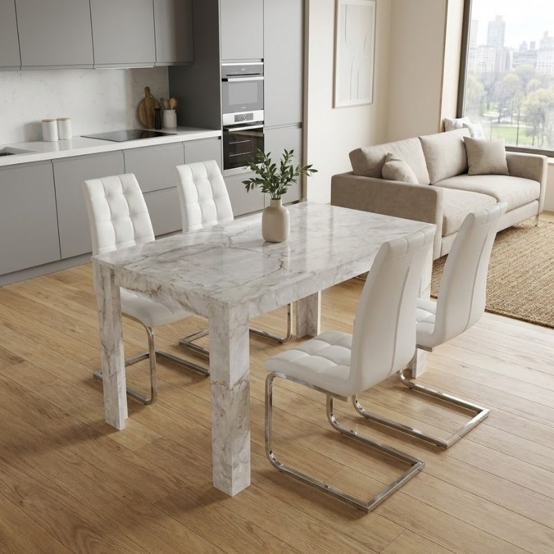 Σετ τραπεζαρία 5τμχ Darlen – Vela Megapap χρώμα λευκό εφέ μαρμάρου – λευκό 125x72x74εκ.