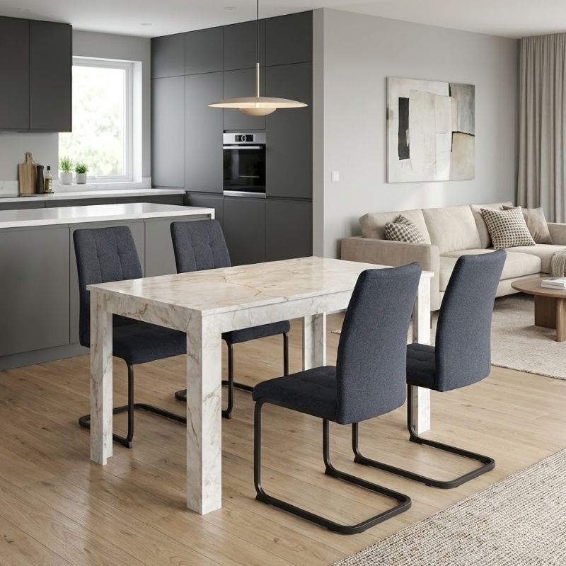 Σετ τραπεζαρία 5τμχ Darlen – Laura Megapap χρώμα λευκό εφέ μαρμάρου – ανθρακί 125x72x74εκ.