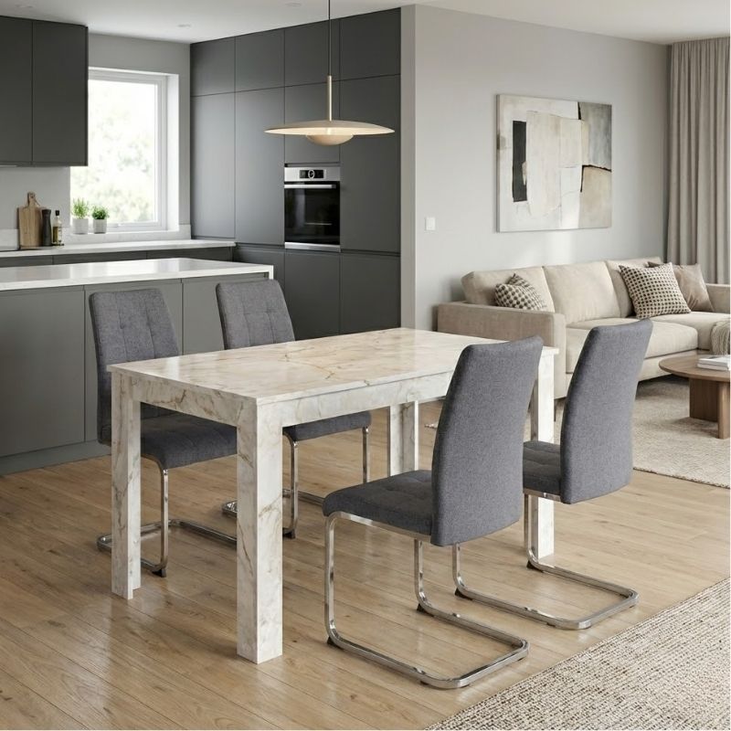 Σετ τραπεζαρία 5τμχ Darlen – Laura Megapap χρώμα λευκό εφέ μαρμάρου – γκρι 125x72x74εκ.