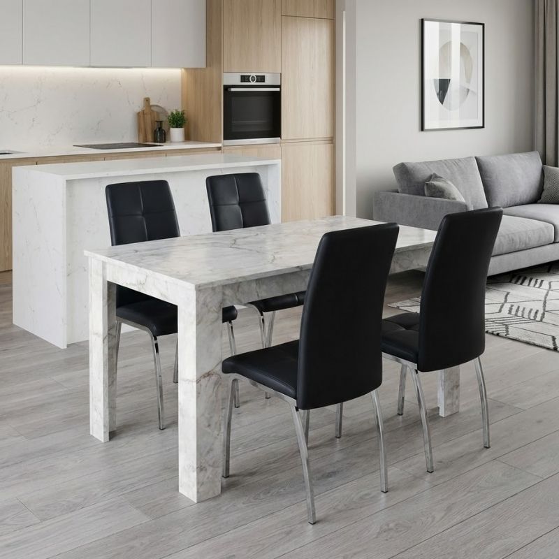 Σετ τραπεζαρία 5τμχ Darlen – Alma Megapap χρώμα λευκό εφέ μαρμάρου – μαύρο 125x72x74εκ.