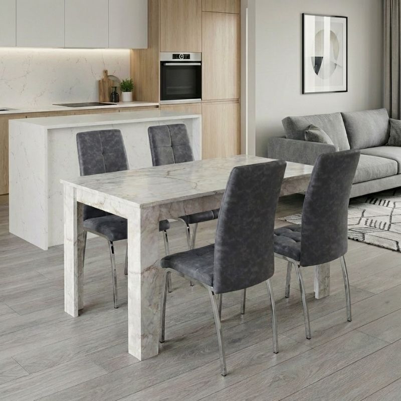 Σετ τραπεζαρία 5τμχ Darlen – Alma Megapap χρώμα λευκό εφέ μαρμάρου – γκρι 125x72x74εκ.