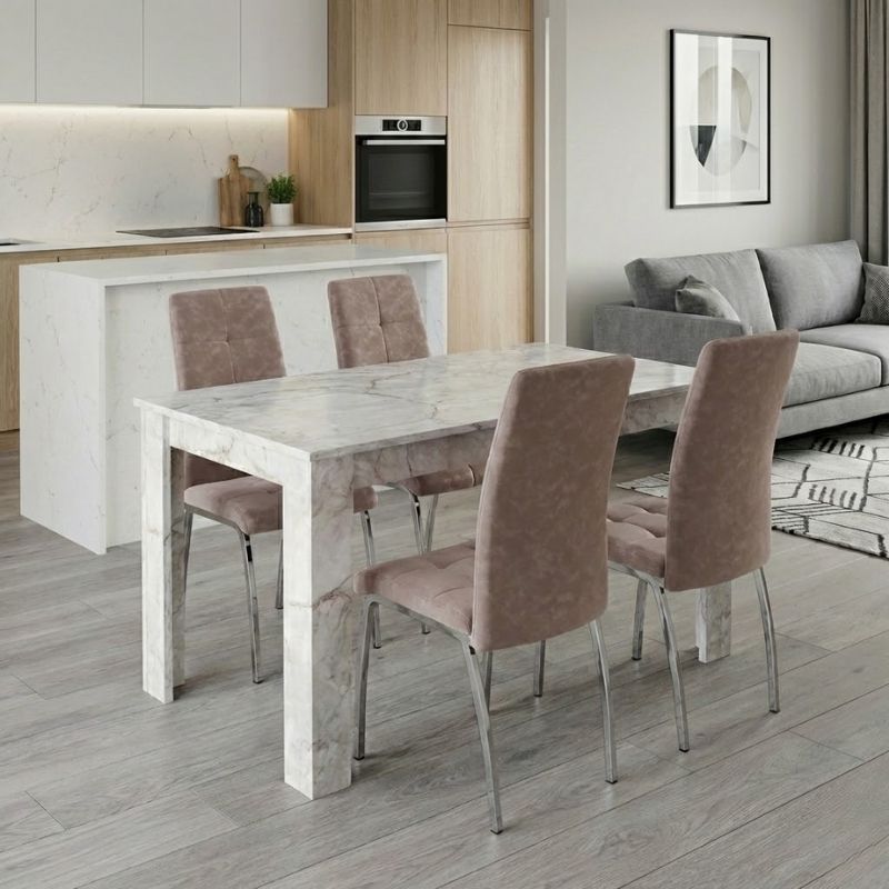 Σετ τραπεζαρία 5τμχ Darlen – Alma Megapap χρώμα λευκό εφέ μαρμάρου – μπεζ 125x72x74εκ.